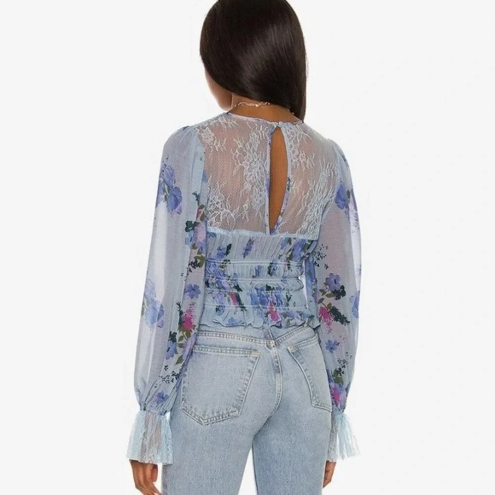 Free People Daphne Blouse Size S Blue Floral Lace Boho Cottage Girlcore Romantic